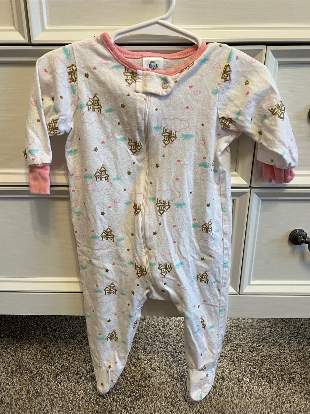 Gerber White Footed One-Piece with Pink Trim and Castle Print